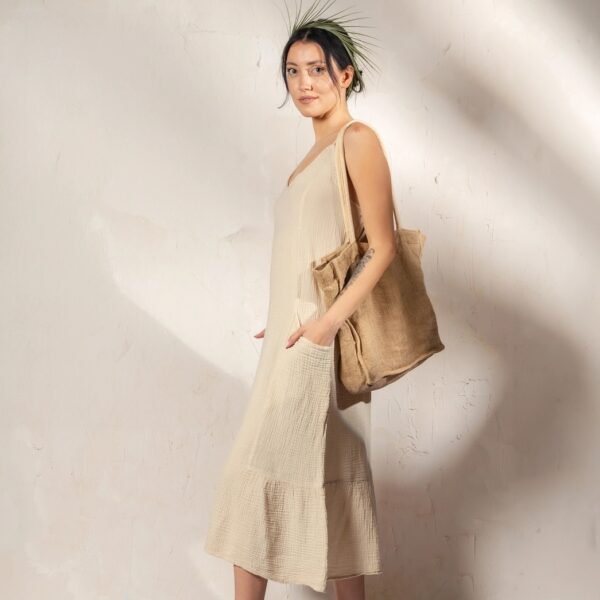 chedriel.com Beige Double Gauze Strap Dress with pockets on model